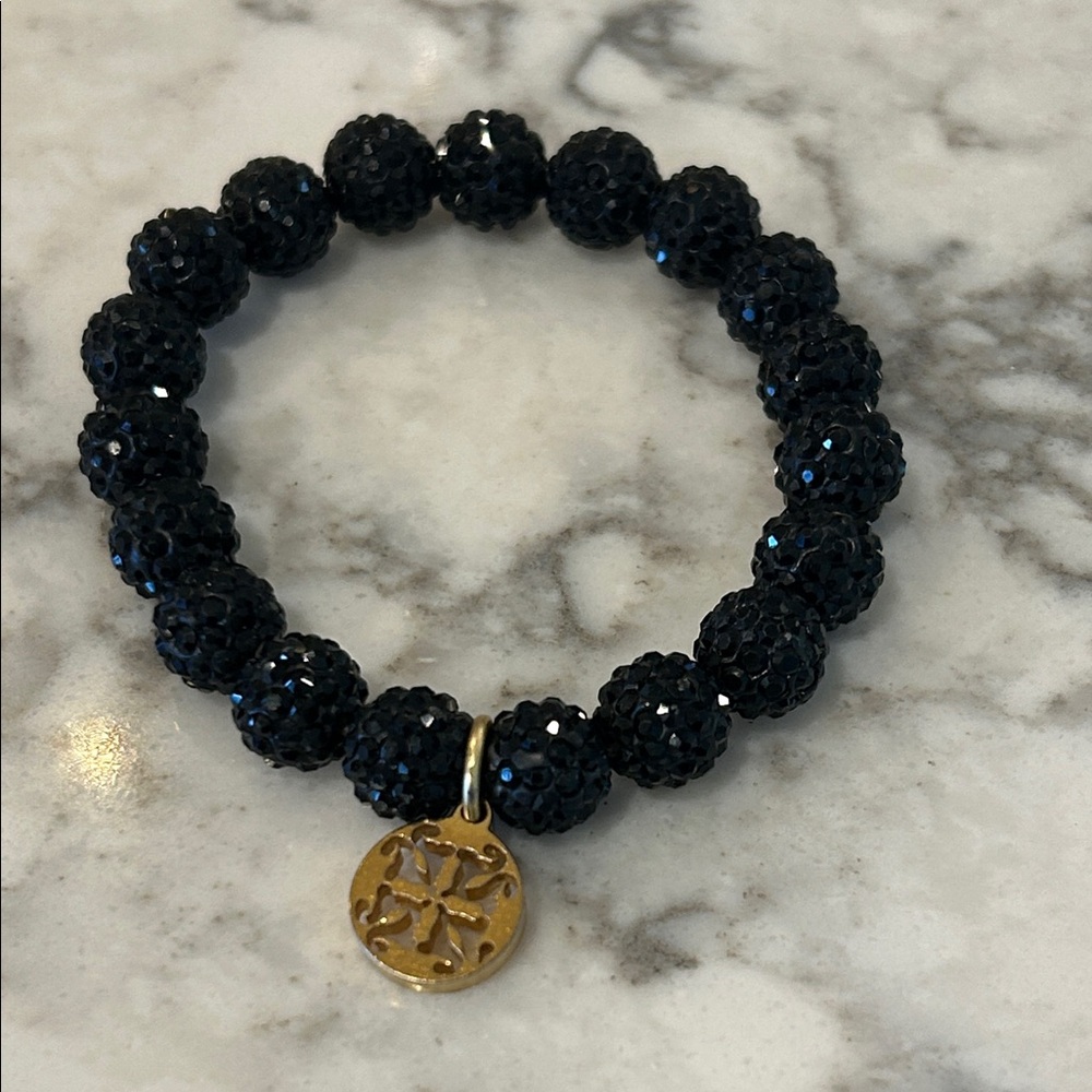 Rustic Cuff Black Beaded Bracelet with Gold Charm